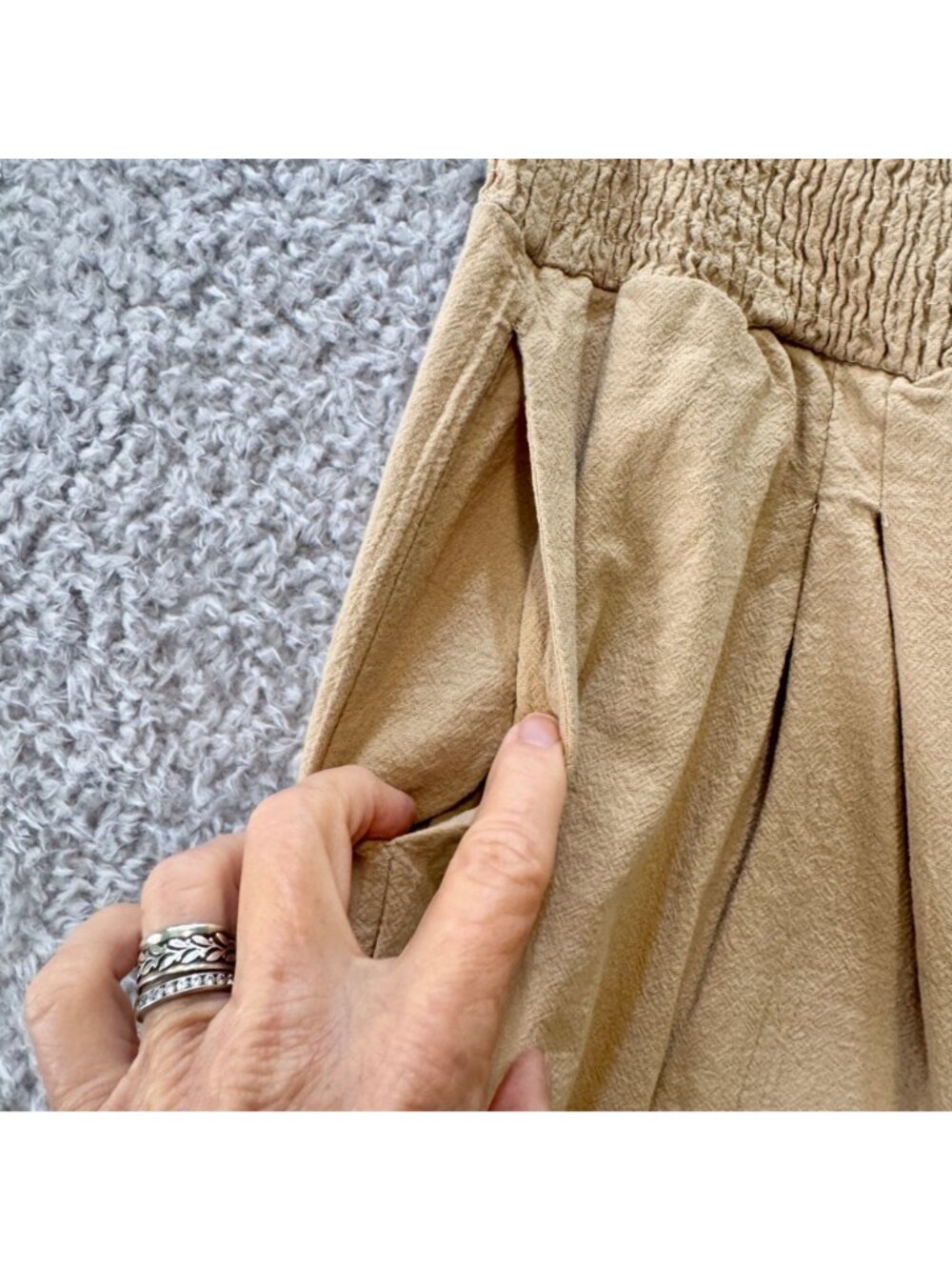 Wide-Leg Women's Linen Cropped Pants Smocked Waist Tan Relaxed Fit Boho Breezy - Picture 4 of 11